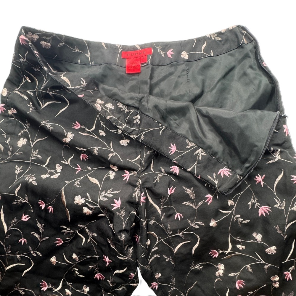 Burns Embroidered Black Silk Ankle Pants Womens 8 Pink Floral Botanical Luxury - Picture 3 of 12